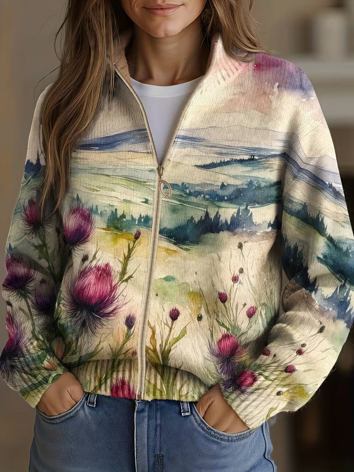 Marlowe Thistle Landscape Zip Cardigan