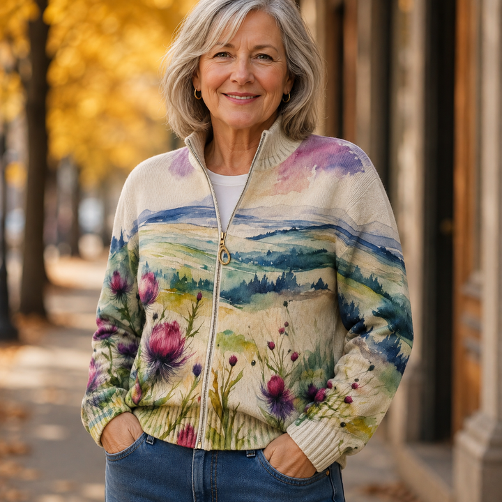 Marlowe Thistle Landscape Zip Cardigan