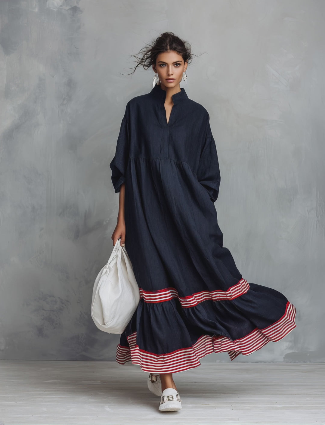Bernice Striped Ruffle Maxi Dress - Navy