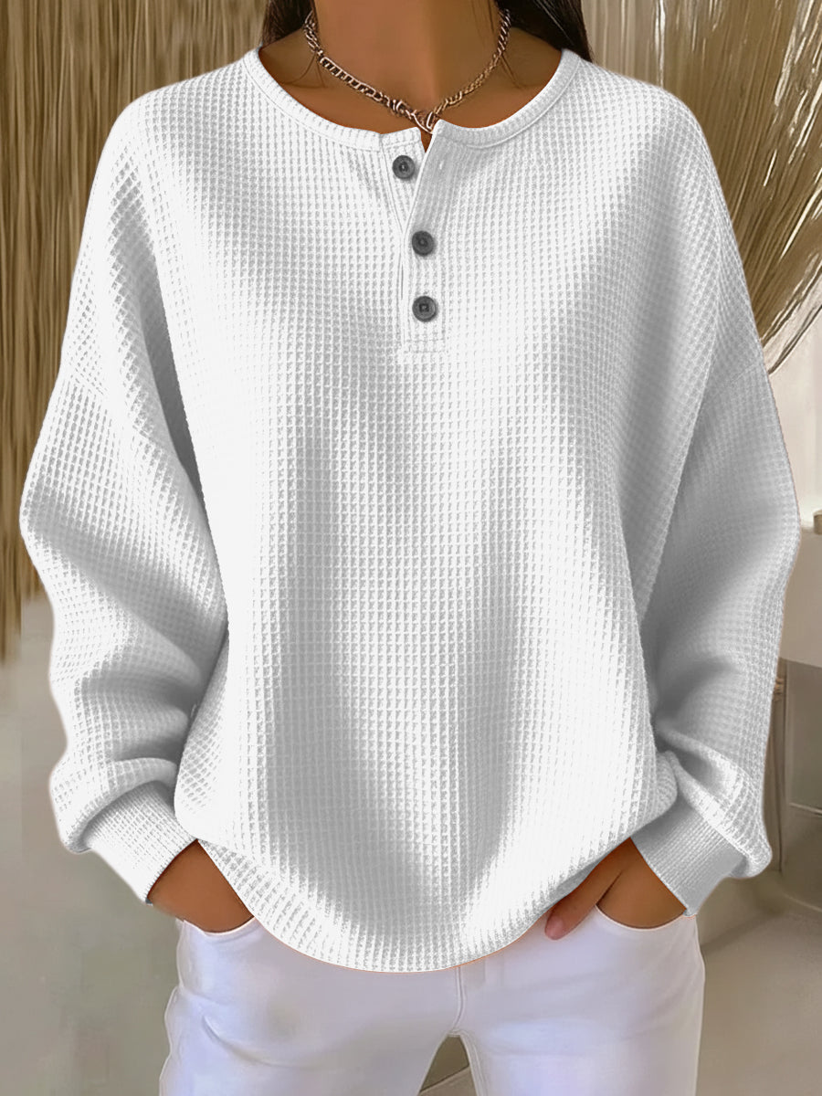 Thea Cozy Waffle Henley Sweatshirt - White