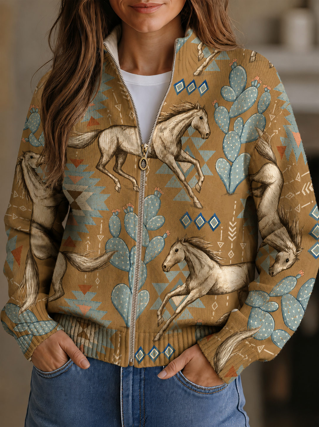 Winona Desert Horse and Cactus Zip Cardigan