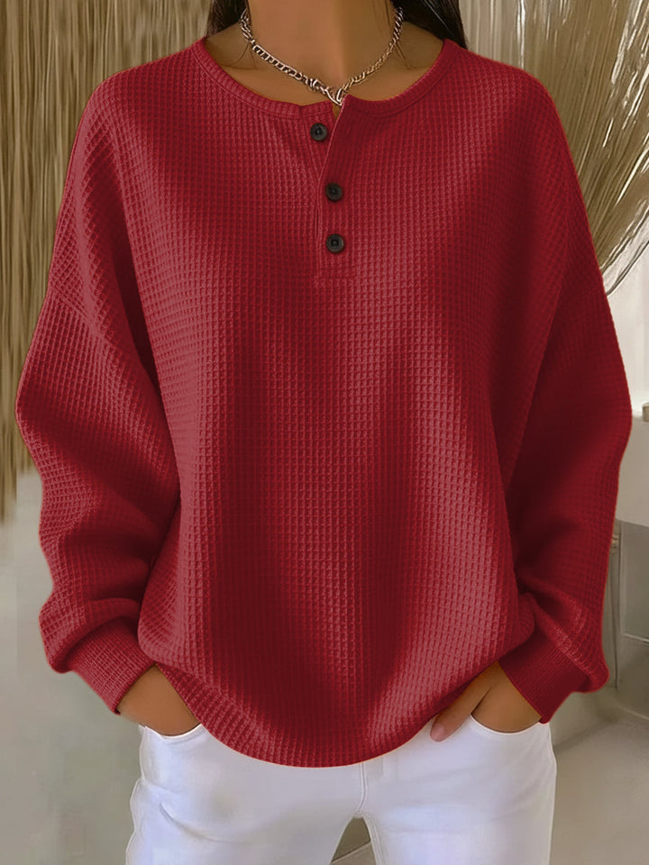 Thea Cozy Waffle Henley Sweatshirt - Red