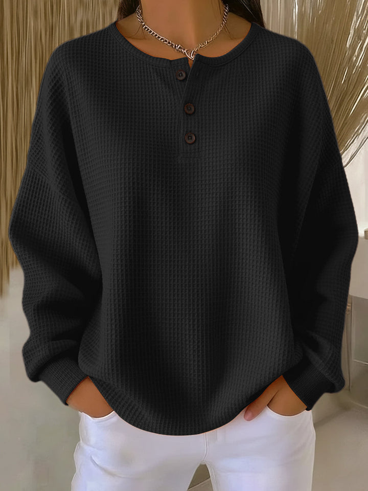 Thea Cozy Waffle Henley Sweatshirt - Black