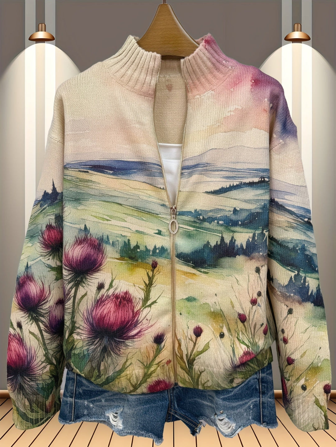 Marlowe Thistle Landscape Zip Cardigan