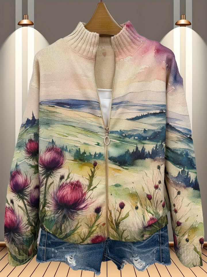 Marlowe Thistle Landscape Zip Cardigan