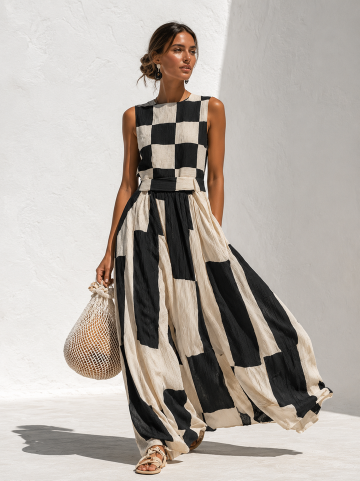 Adellene™ | Plaid and Stripe Paneling Sleeveless Maxi Dress