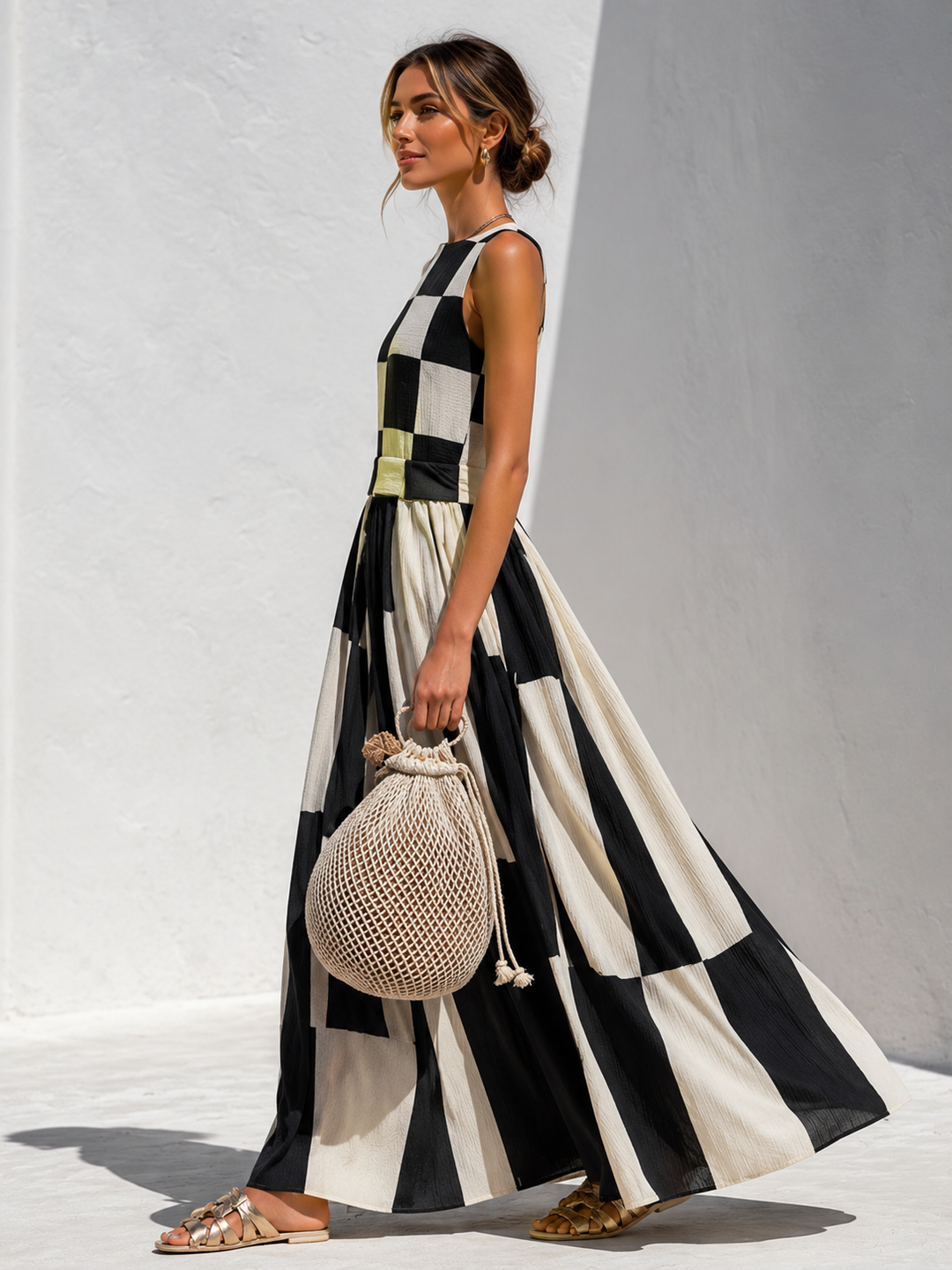 Adellene™ | Plaid and Stripe Paneling Sleeveless Maxi Dress