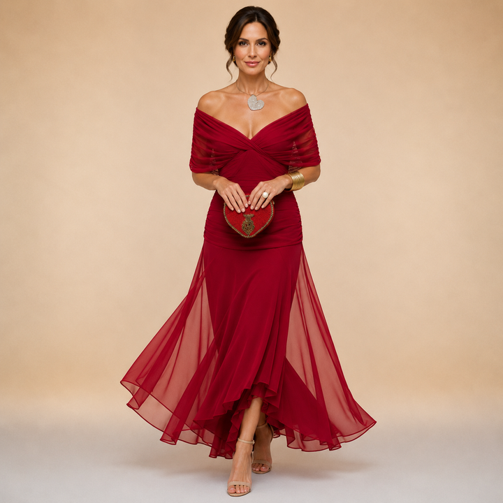 Evelyn Draped V-Neck Evening Maxi Dress - Venetian Red
