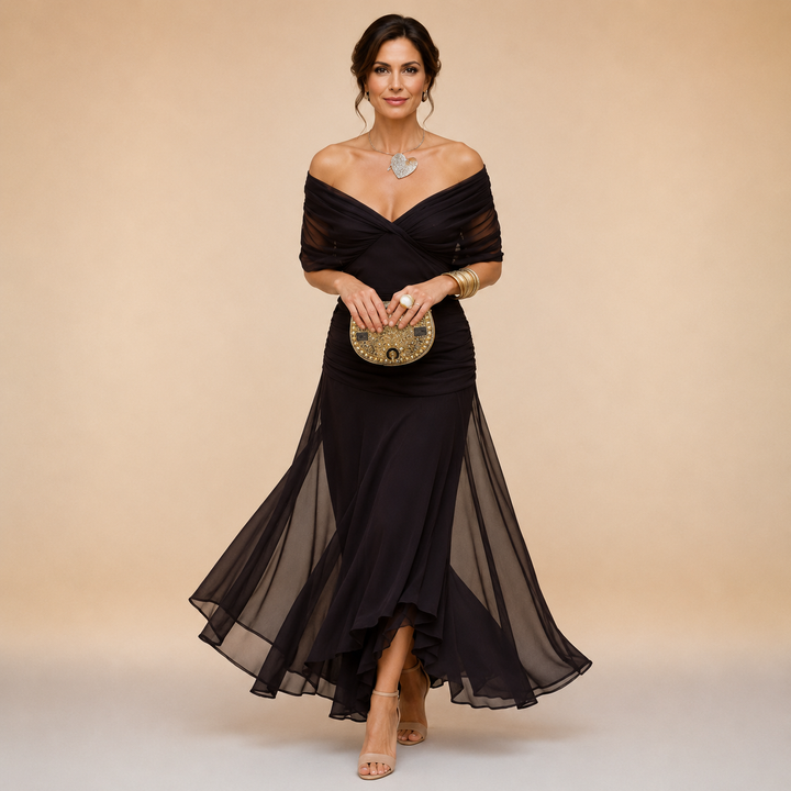 Evelyn Draped V-Neck Evening Maxi Dress - Brown