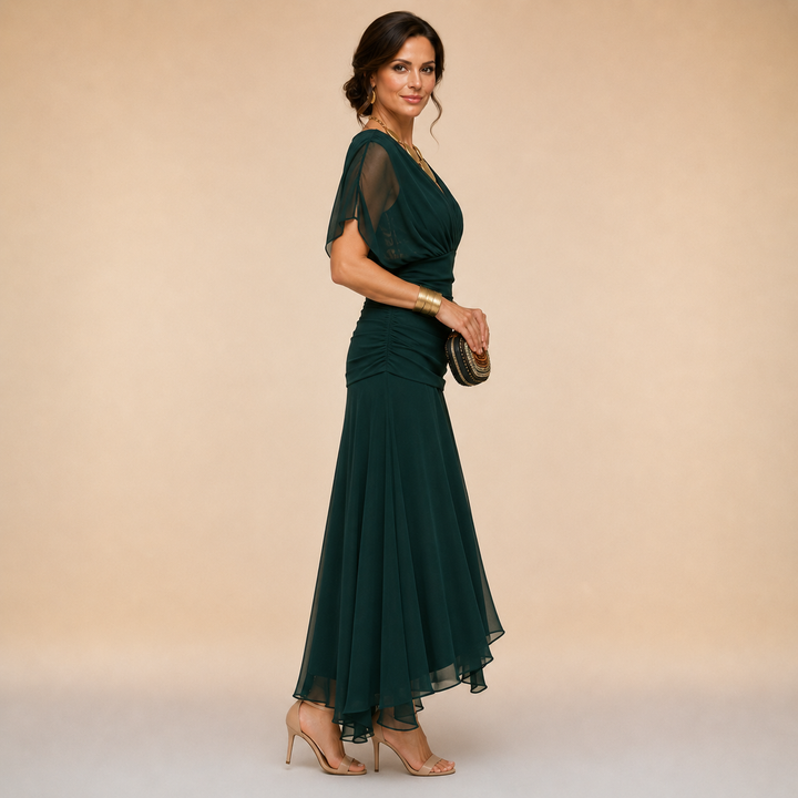 Evelyn Draped V-Neck Evening Maxi Dress