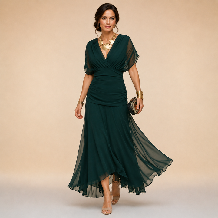 Evelyn Draped V-Neck Evening Maxi Dress