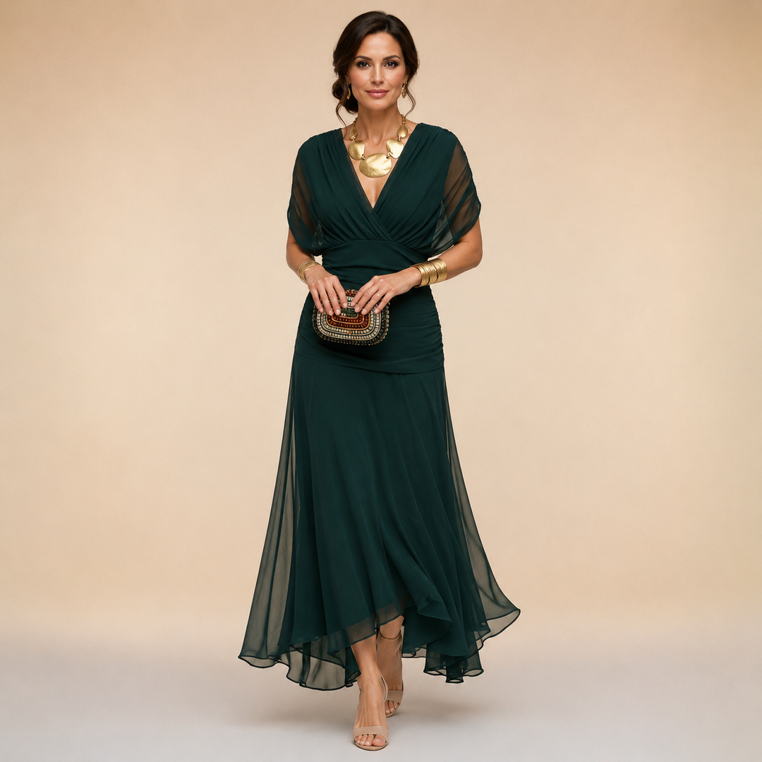 Evelyn Draped V-Neck Evening Maxi Dress - Dark Green