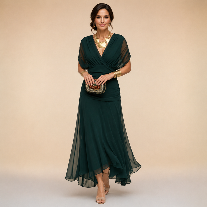 Evelyn Draped V-Neck Evening Maxi Dress - Dark Green