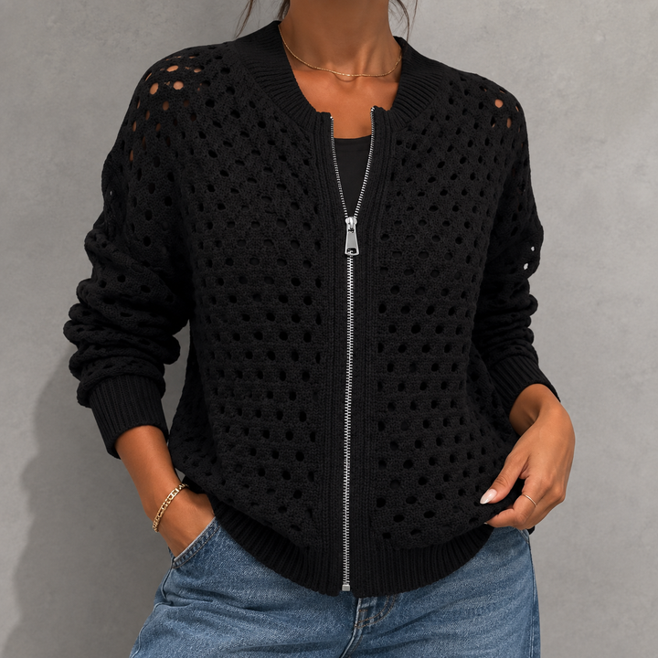 Delia | Openwork Knit Zip Cardigan