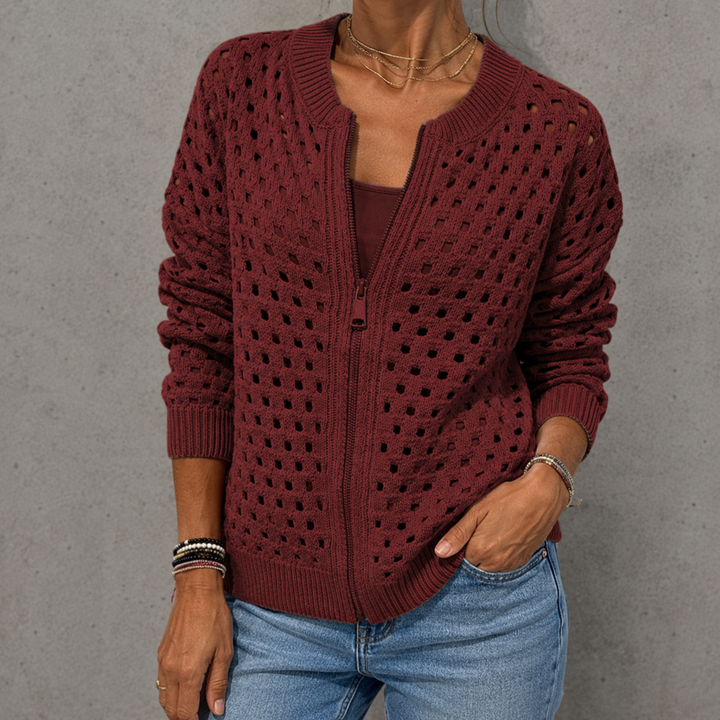 Delia | Openwork Knit Zip Cardigan