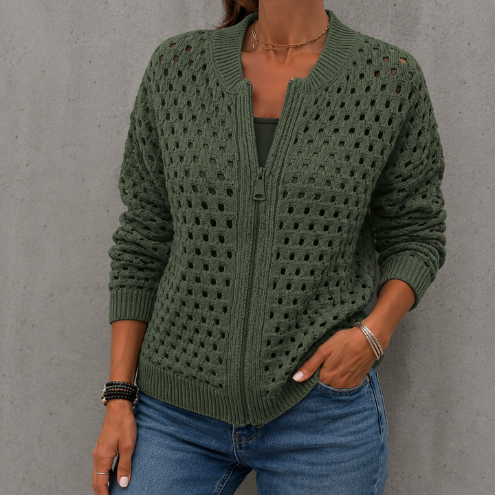 Delia | Openwork Knit Zip Cardigan