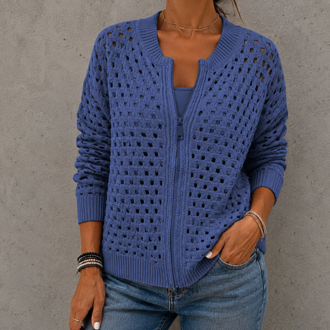 Delia | Openwork Knit Zip Cardigan