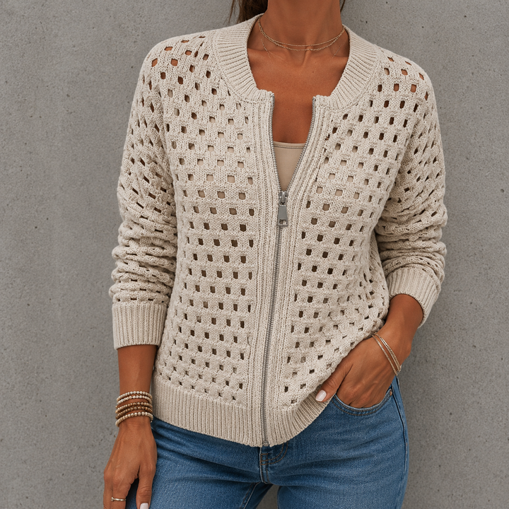 Delia | Openwork Knit Zip Cardigan