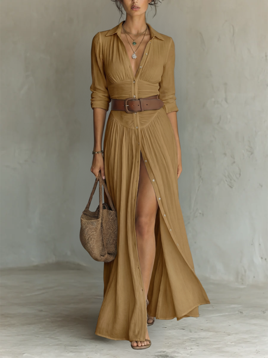 Paloma Pleated Maxi Shirt Dress - Brown