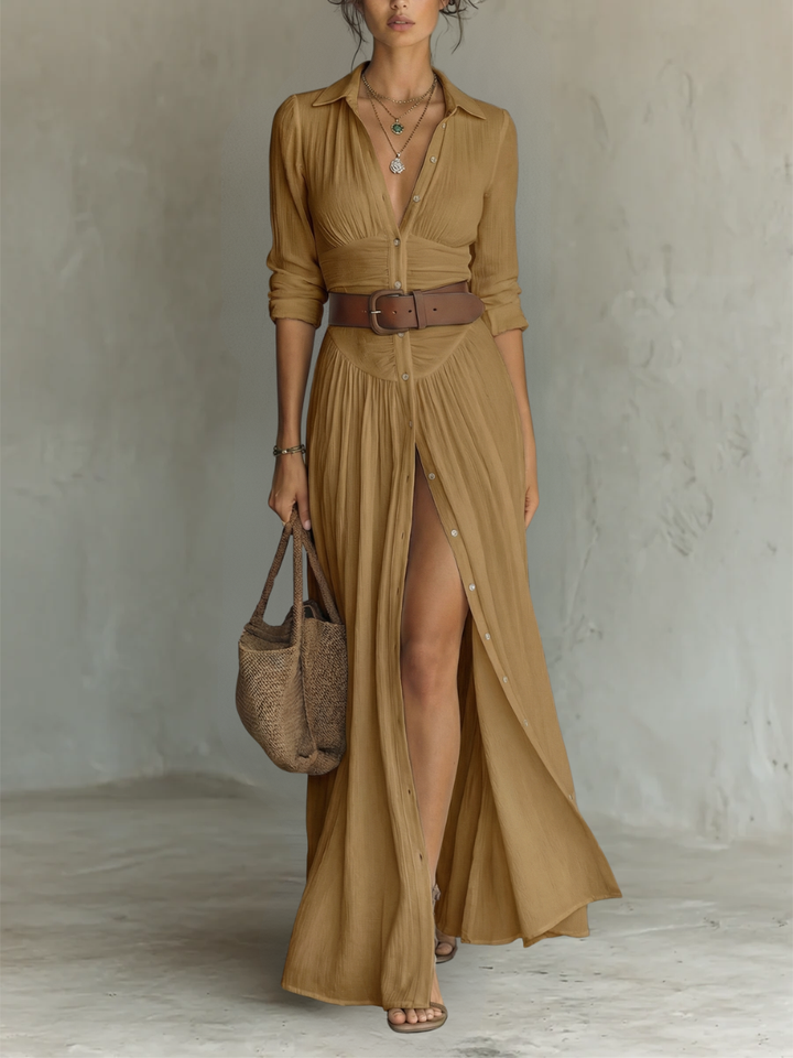 Paloma Pleated Maxi Shirt Dress - Brown