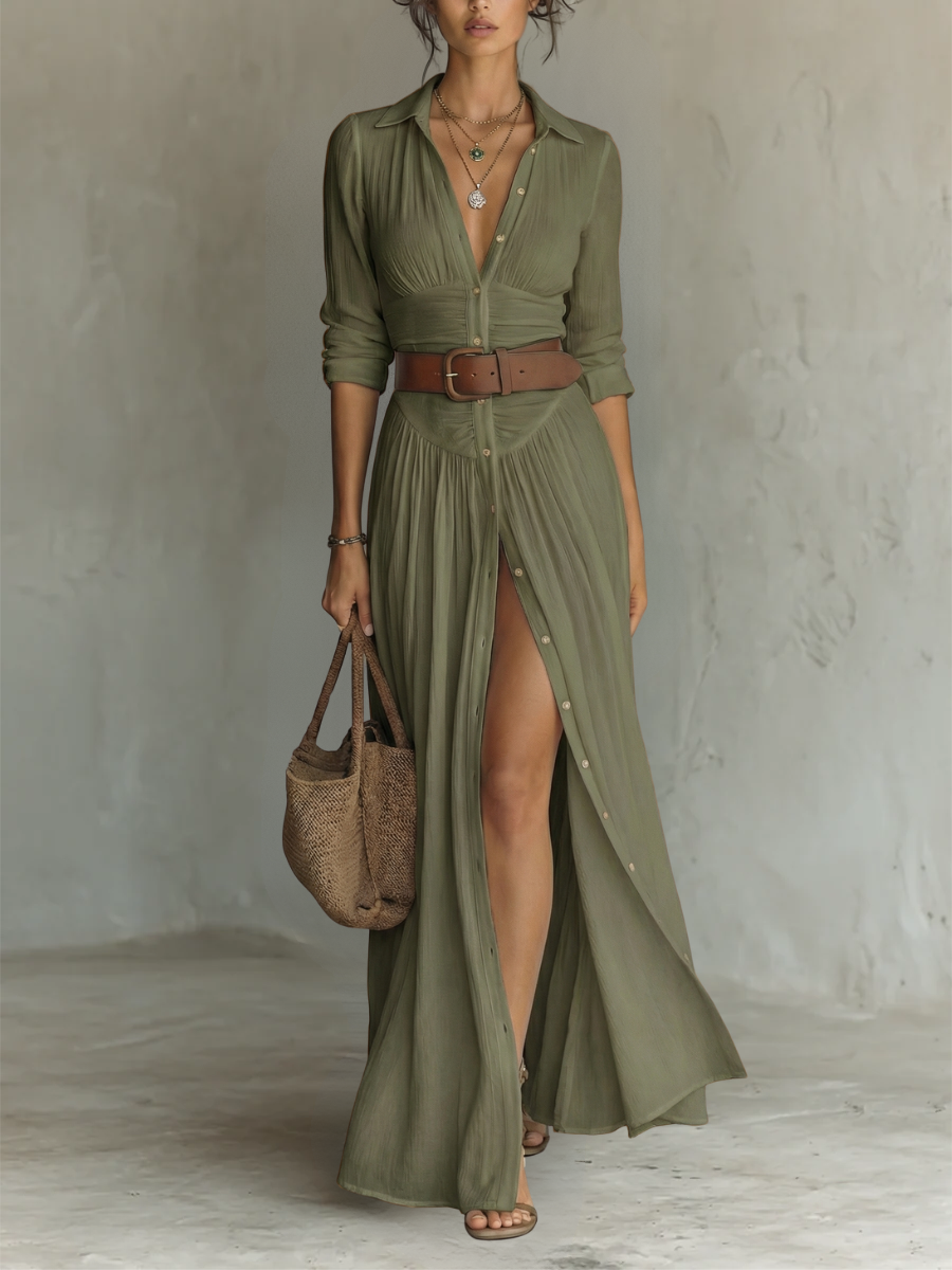 Paloma Pleated Maxi Shirt Dress - Green