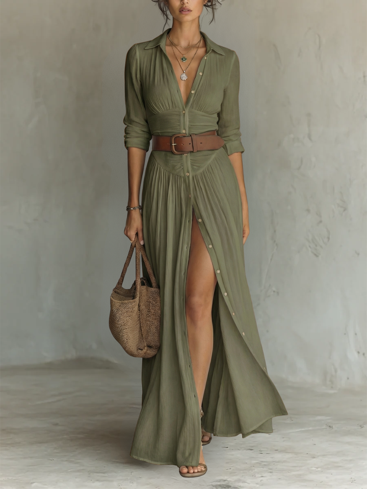 Paloma Pleated Maxi Shirt Dress - Green