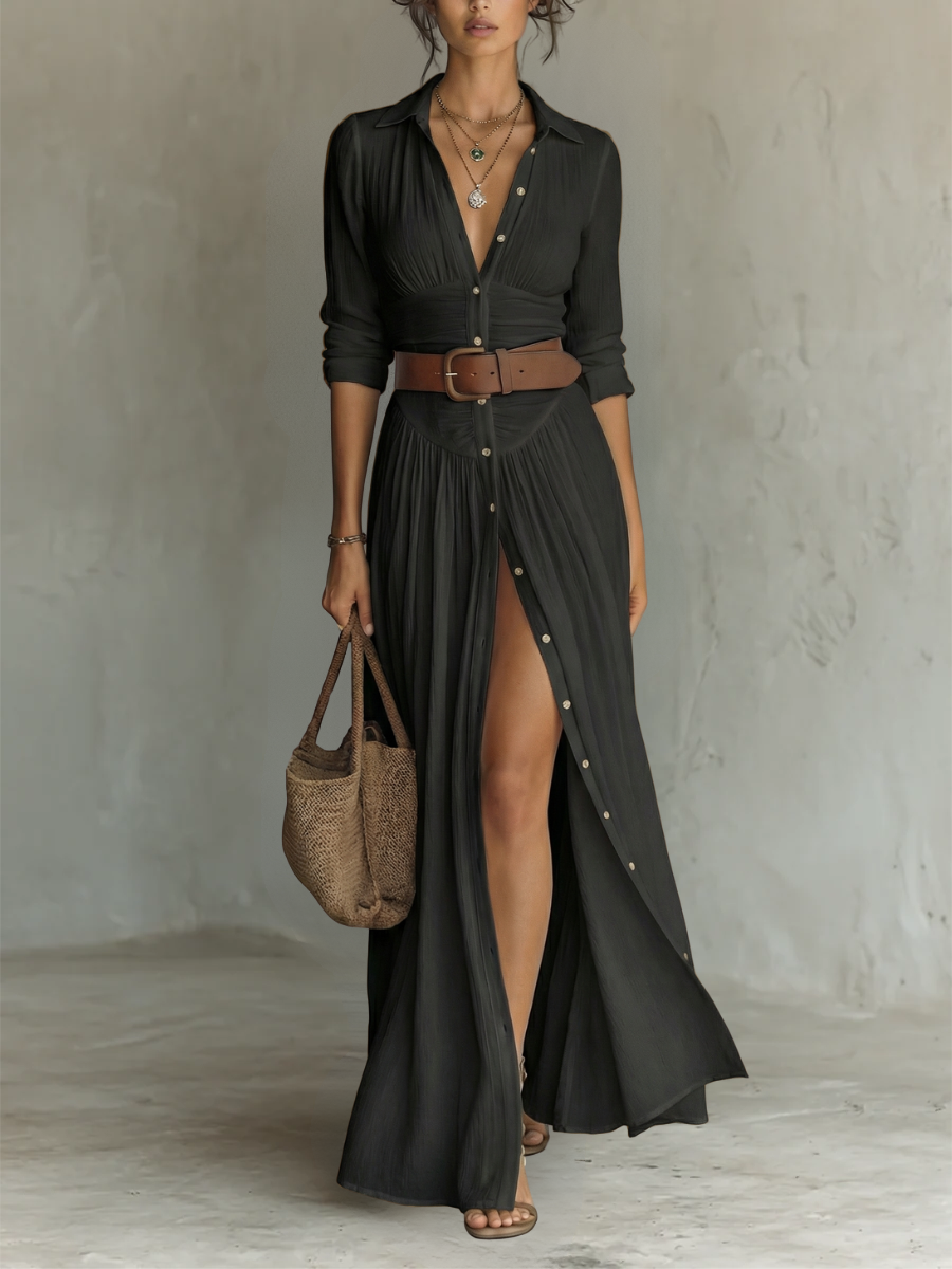 Paloma Pleated Maxi Shirt Dress - Black