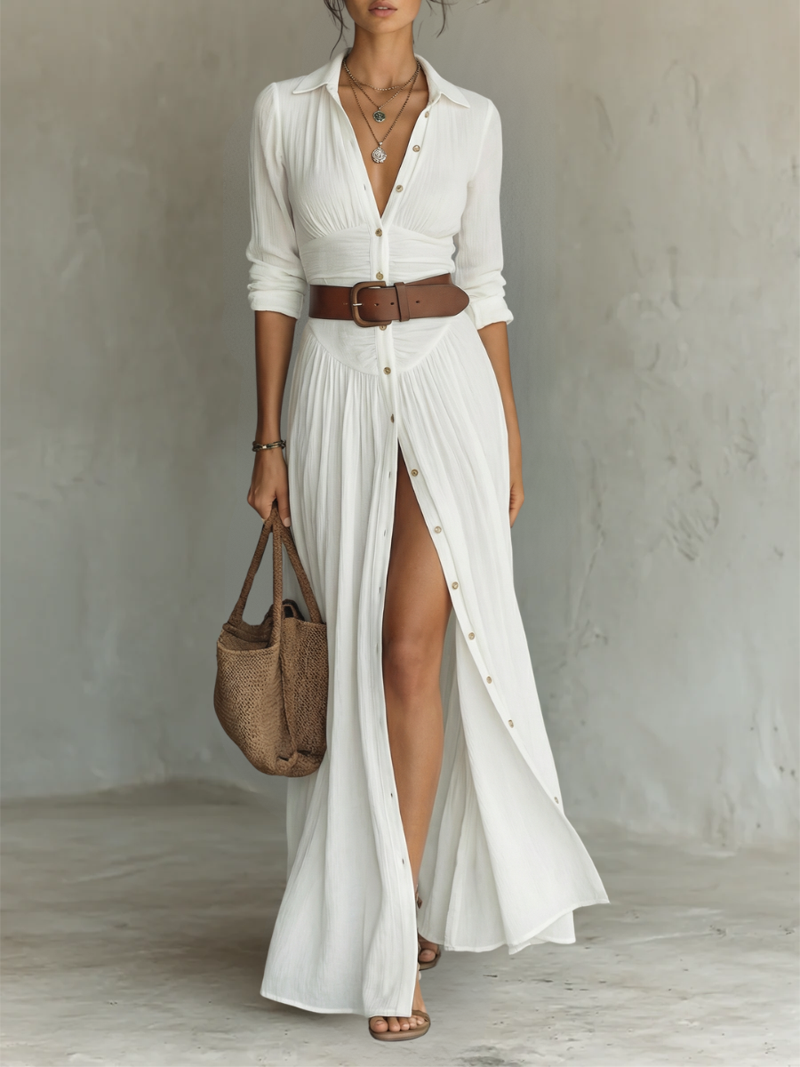 Paloma Pleated Maxi Shirt Dress - White