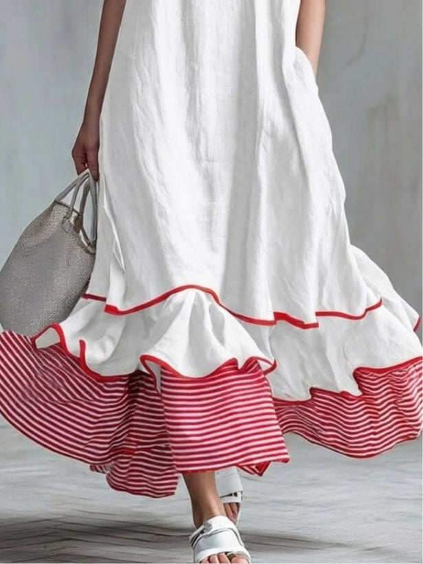Bernice Striped Ruffle Maxi Dress showing the short sleeves and full length