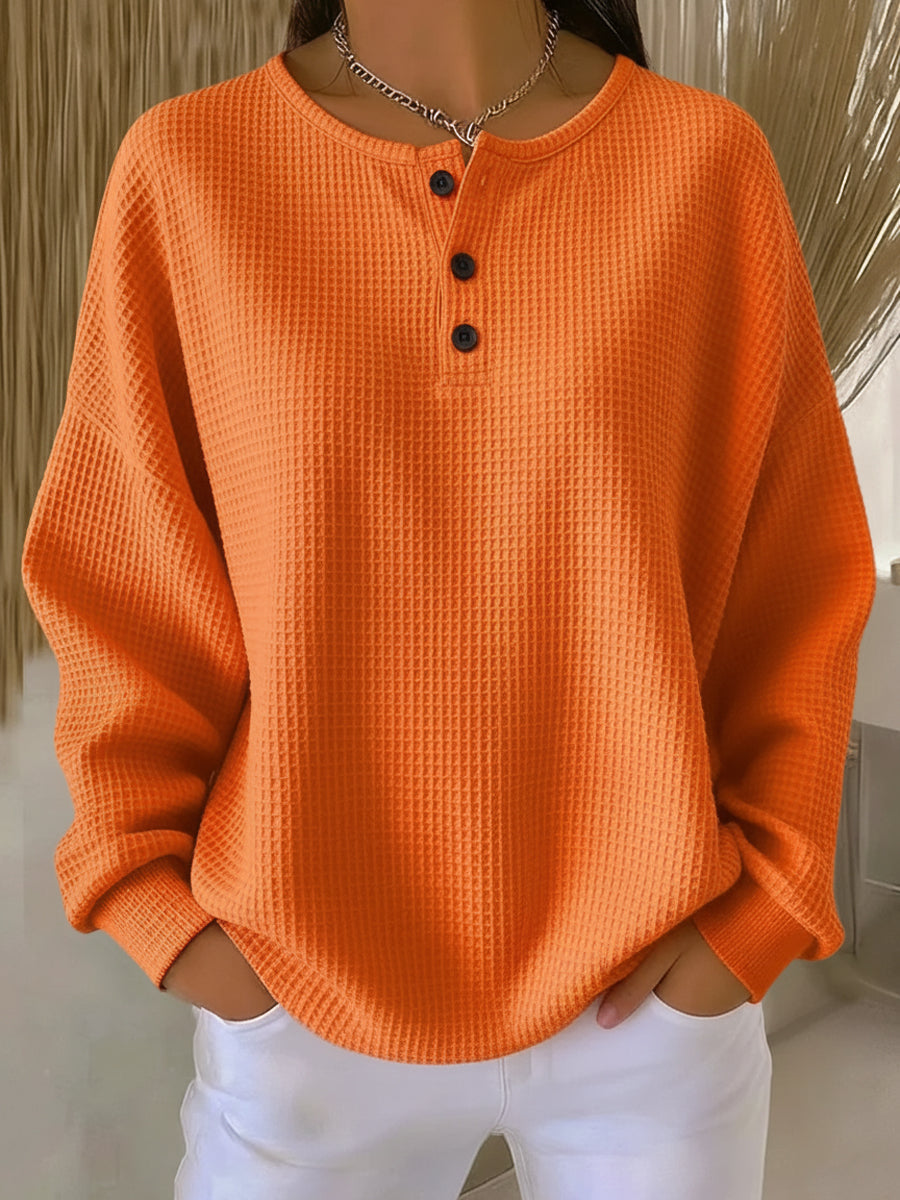 Thea Cozy Waffle Henley Sweatshirt - Orange