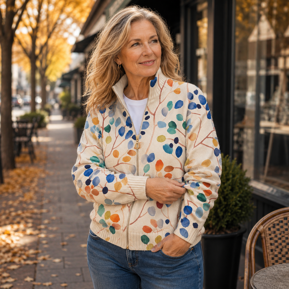 Delphine Botanical Leaf Print Zip Cardigan