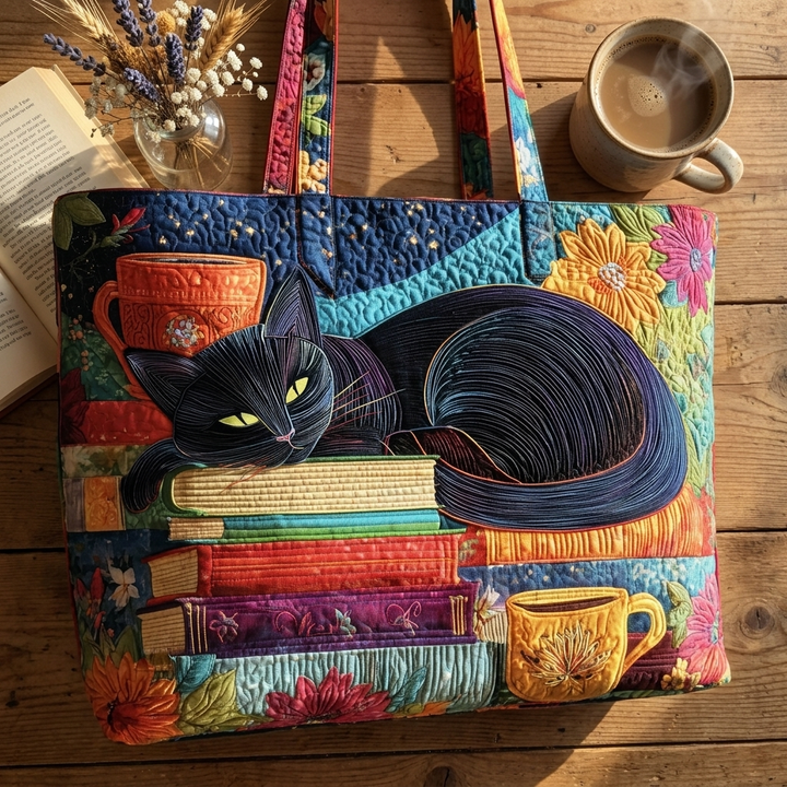 Black Cat with Books and Mugs - Flatlay