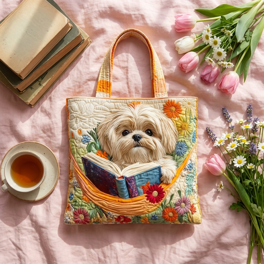 Shih Tzu with Books and Flowers - Flatlay