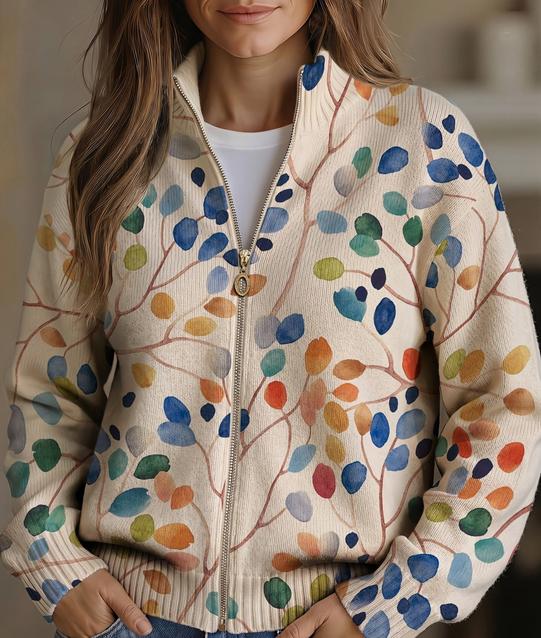 Delphine Botanical Leaf Print Zip Cardigan