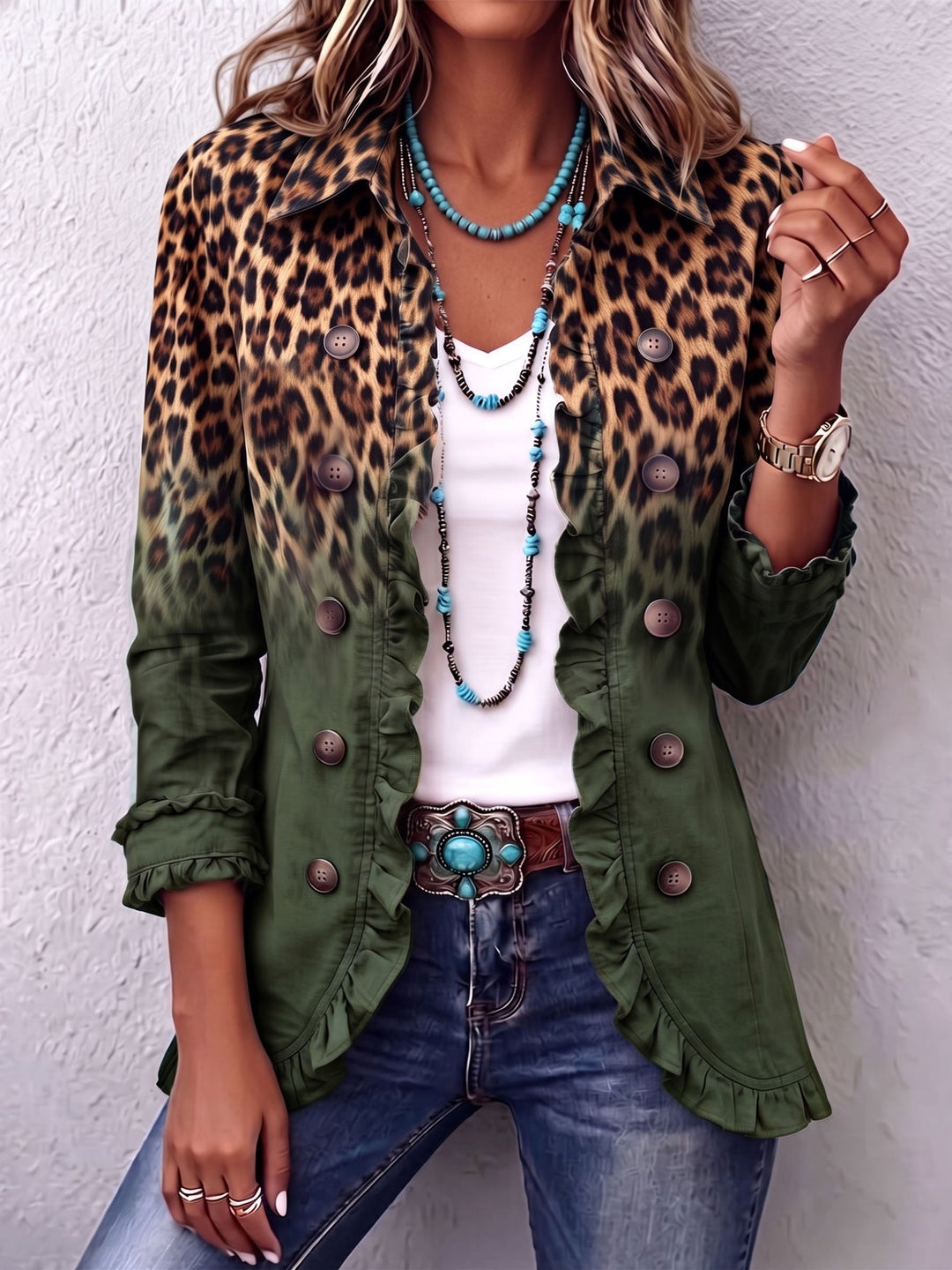 Elodie Leopard Ombre Ruffle Blazer Green