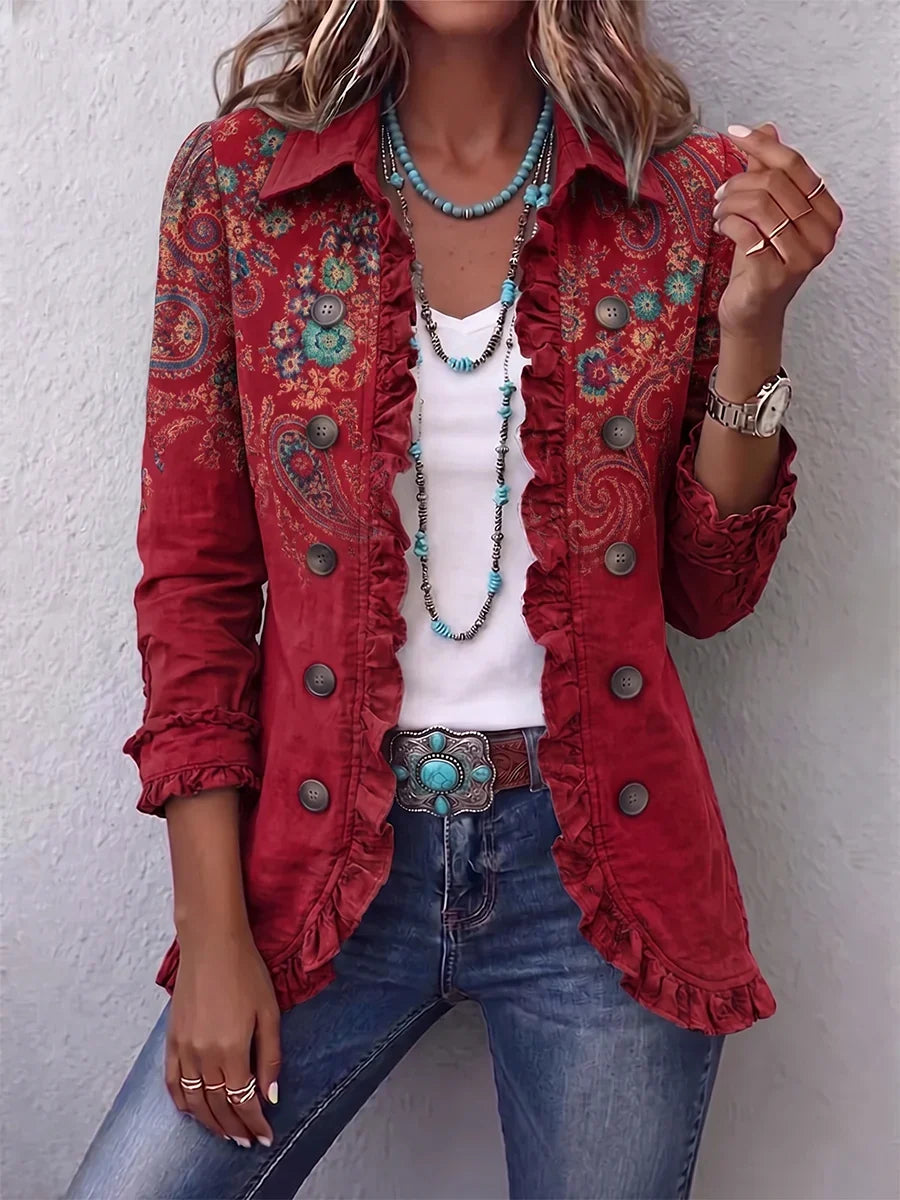 Faye Bohemian Paisley Ruffle Jacket Red