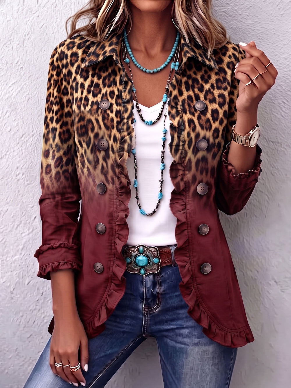 Elodie Leopard Ombre Ruffle Blazer Wine