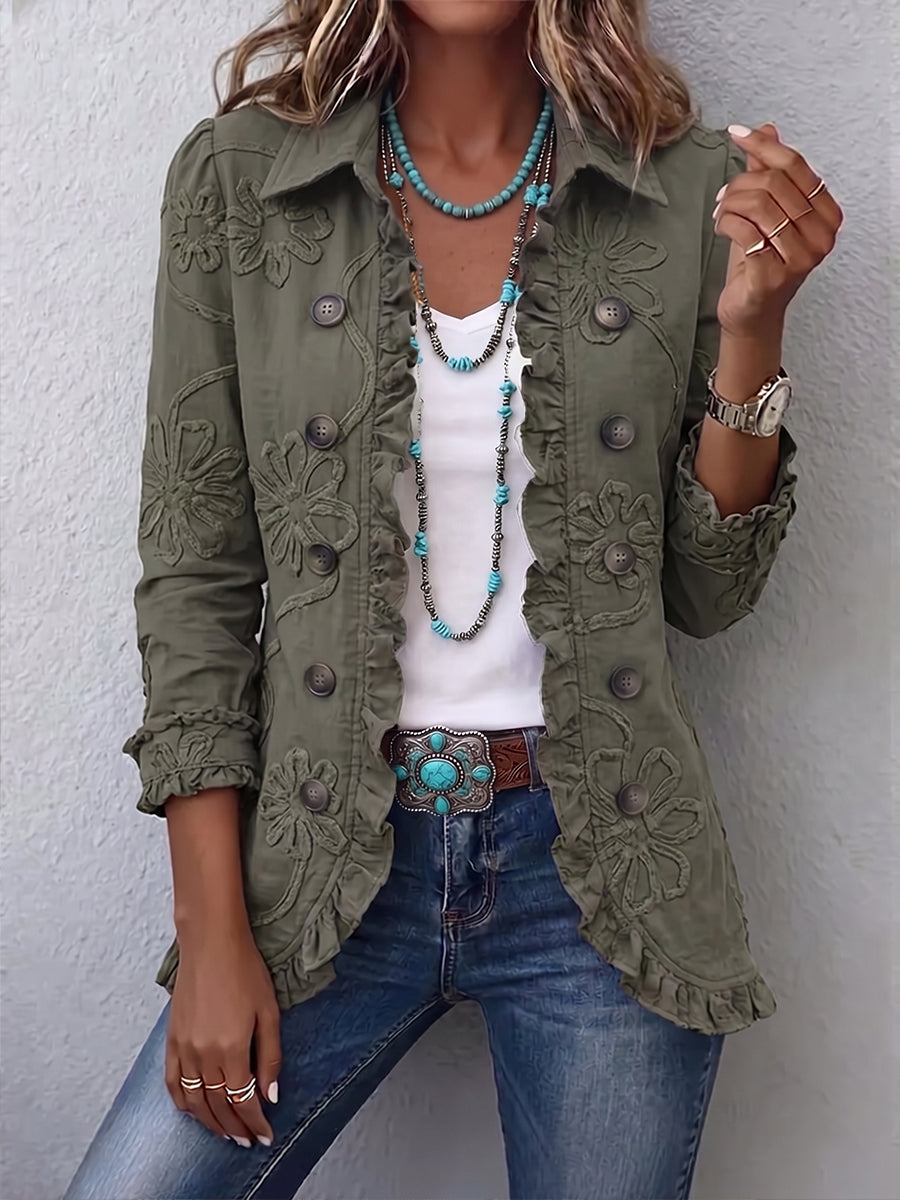 Camille Floral Embroidered Ruffle Jacket Retro Green