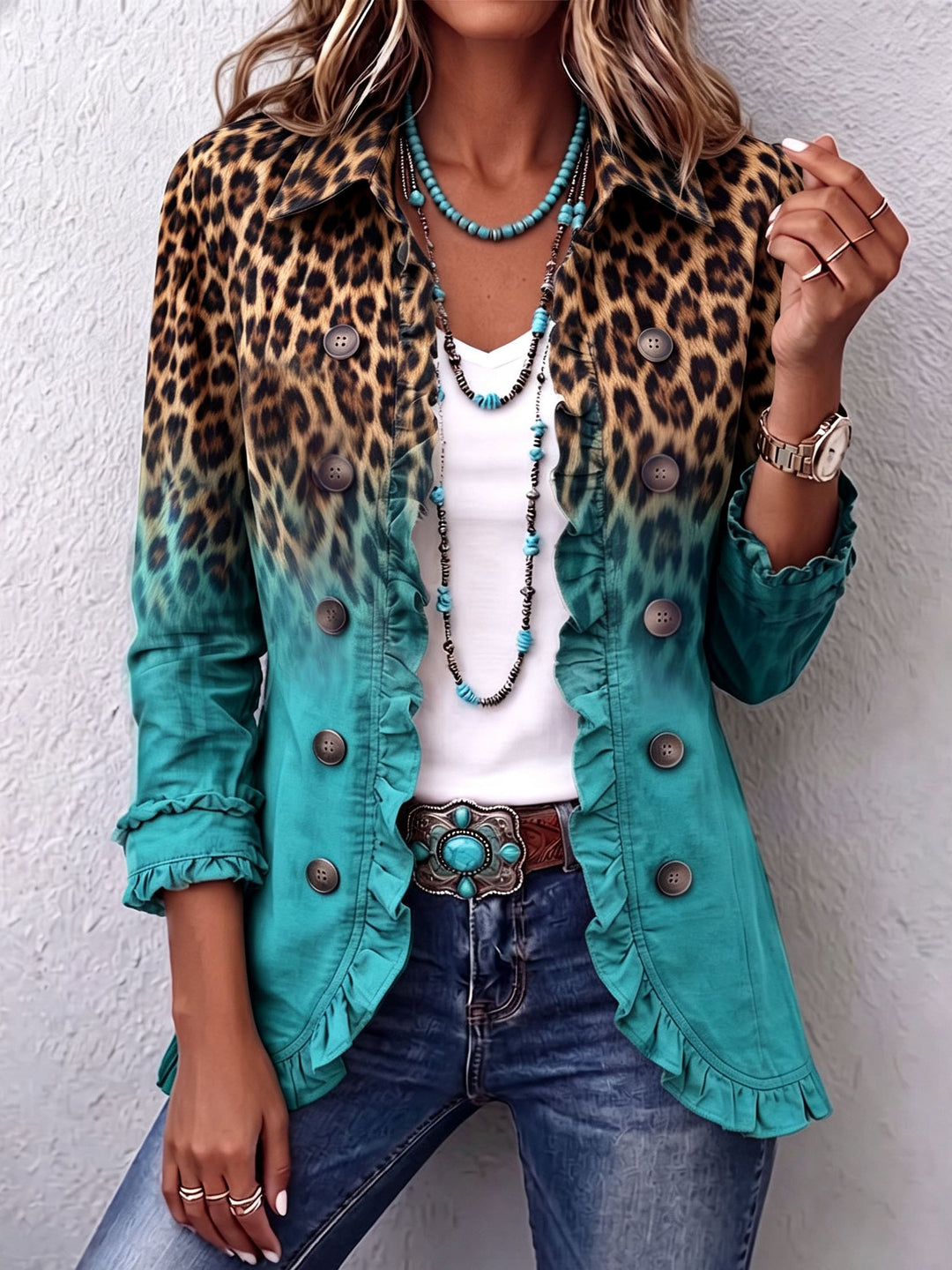 Elodie Leopard Ombre Ruffle Blazer Turquoise