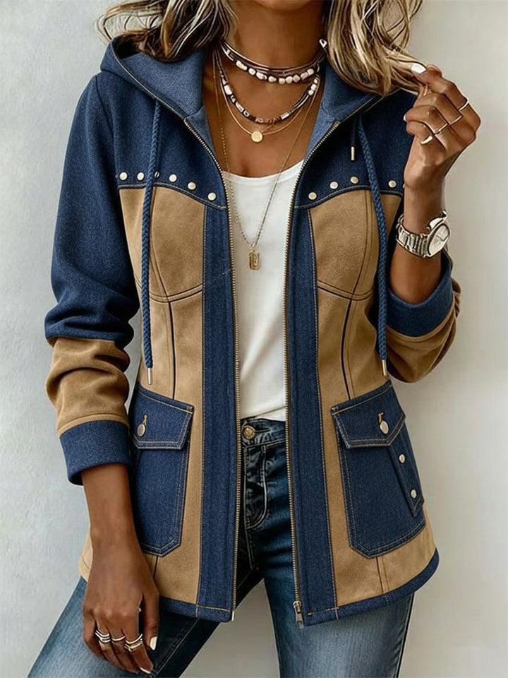 Farrah Colorblock Patchwork Hooded Jacket Navy Camel
