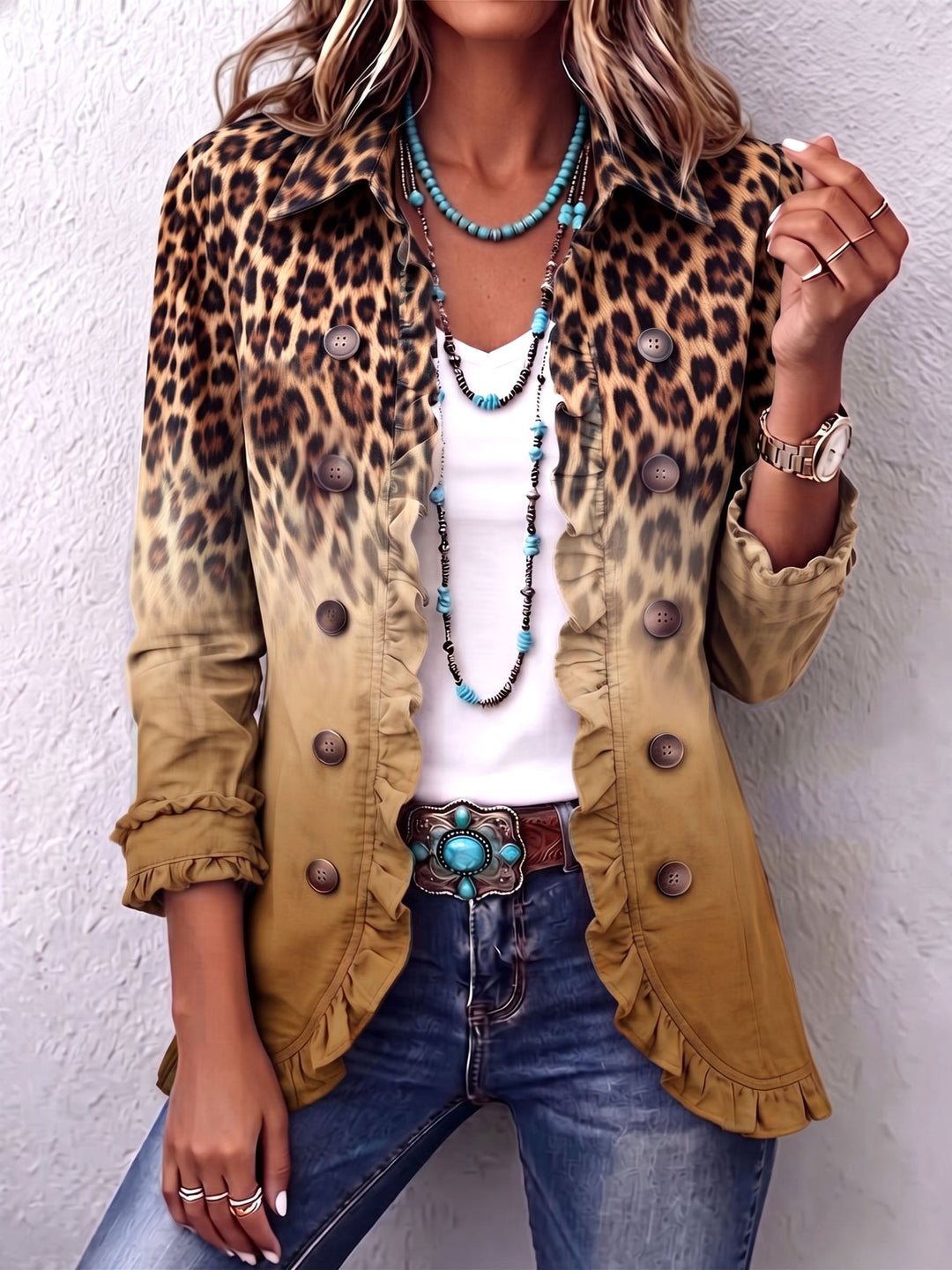 Elodie Leopard Ombre Ruffle Blazer Ochre