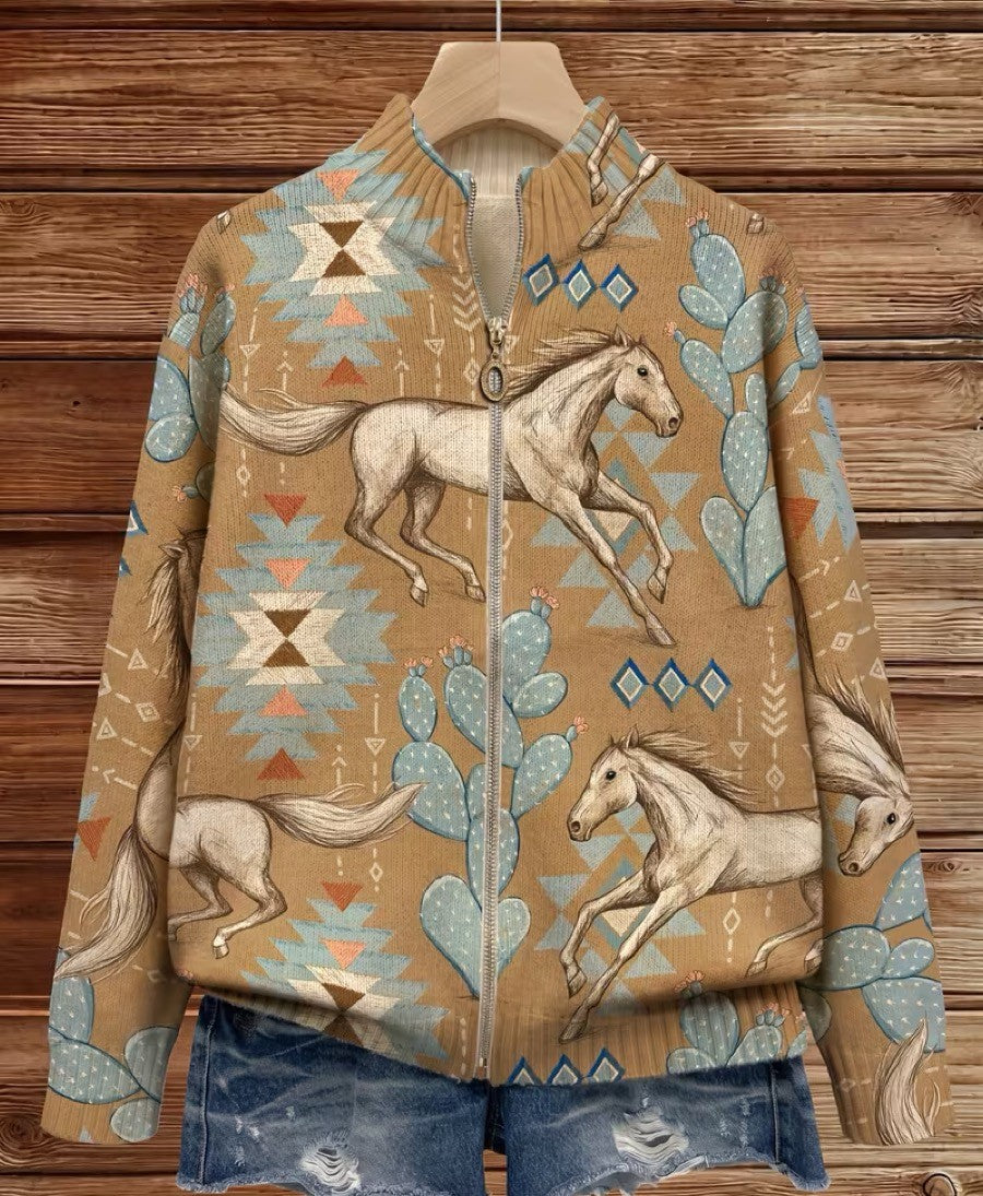 Winona Desert Horse and Cactus Zip Cardigan